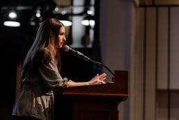 Students heard from Friends Academy alumna Erica Sklar ’12, who played field hockey and lacrosse for the Quakers and captained both varsity teams.