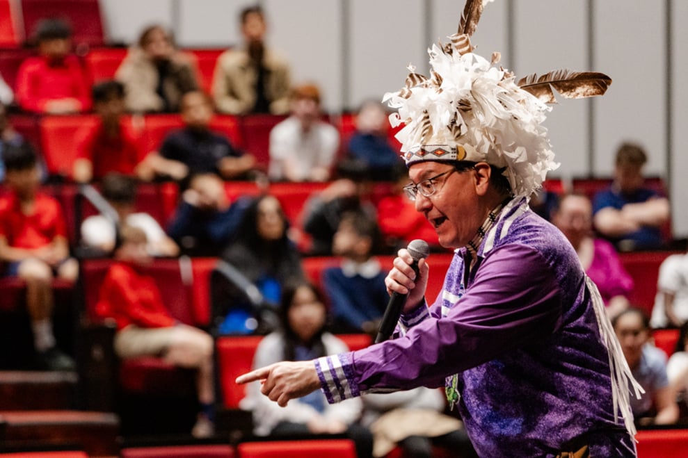 Perry Ground, a member of the Turtle Clan in the Onondaga Nation of the Haudenosaunee Confederacy, recently visited Friends Academy.