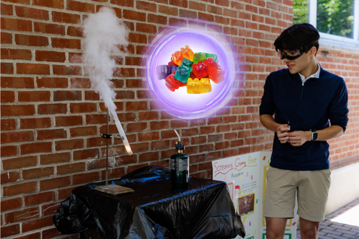 At the annual AP Chemistry Expo, Upper School students at Friends Academy conduct an array of experiments for smiling, wide-eyed Lower School students.