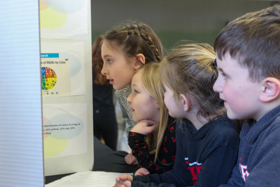 4th graders looking at science poster