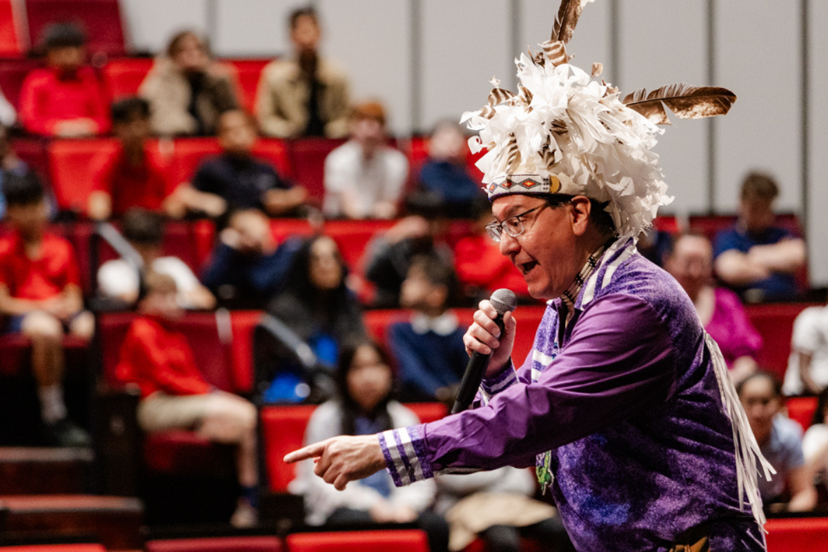 Perry Ground, a member of the Turtle Clan in the Onondaga Nation of the Haudenosaunee Confederacy, recently visited Friends Academy.