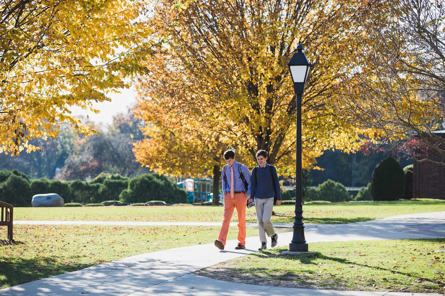 two boys walking down campus path