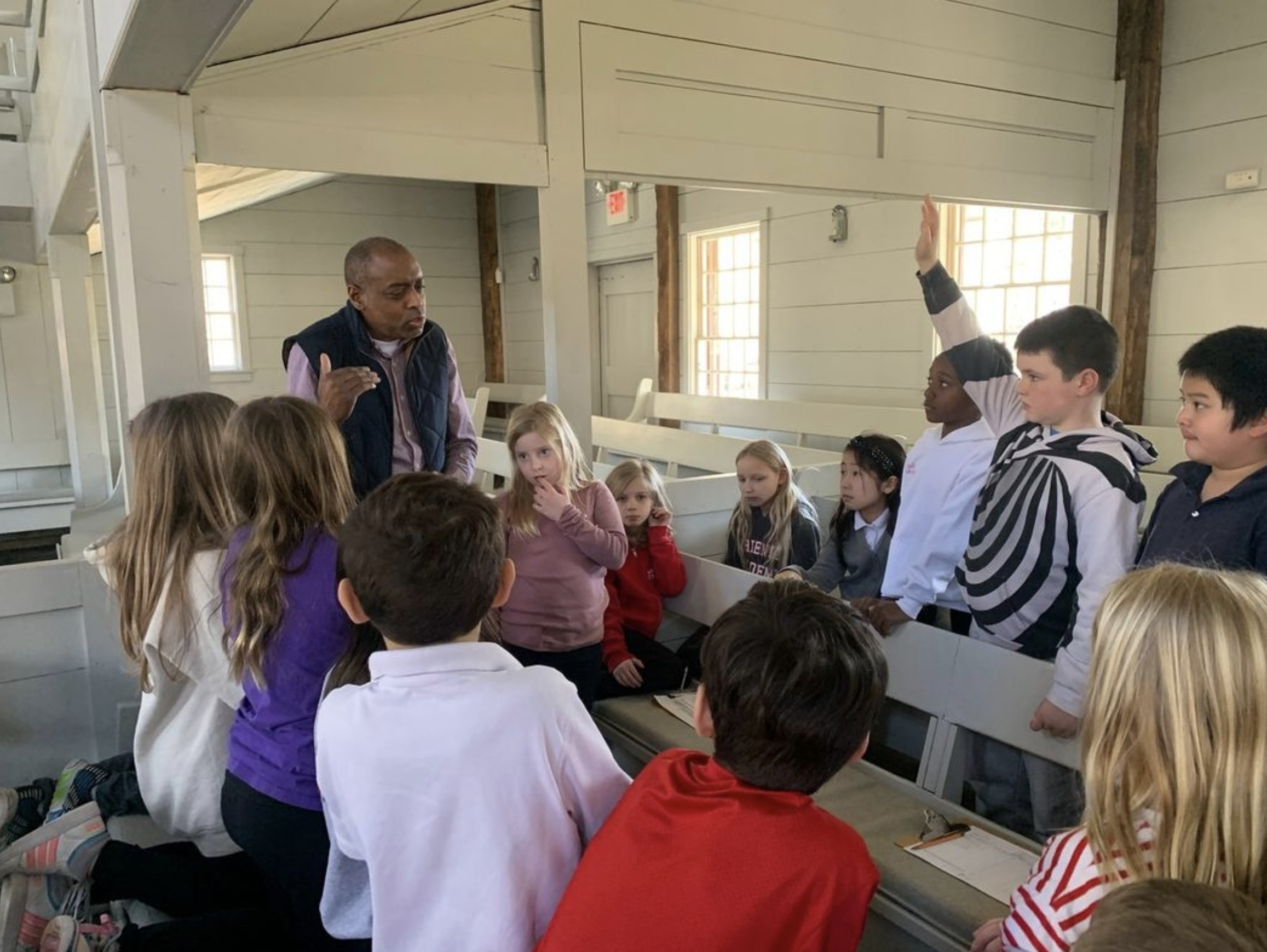 Ed Dugger and third grade in Matinecock Meeting House
