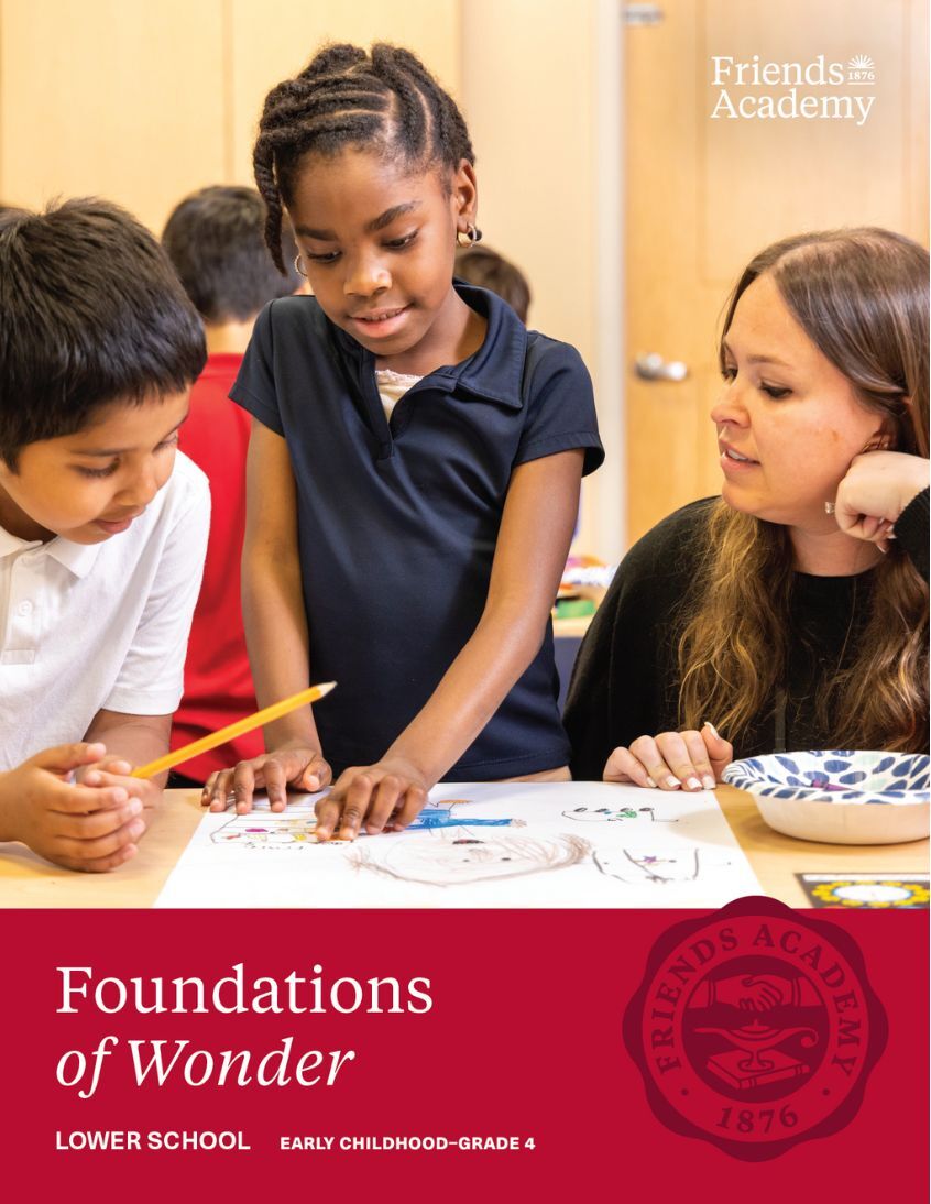 Three children and a teacher sit around a table drawing with colored pencils in a classroom setting. The Friends Academy logo is visible in the image.